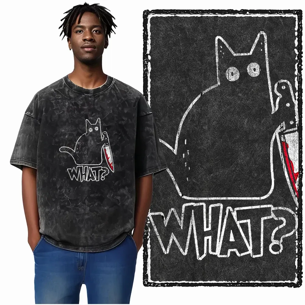 COOLMIND DB Cat Graphic Acid Washed Cotton T-Shirt | Unisex Streetwear Tee for Men & Women | Big Size Casual Summer Top showcase 7