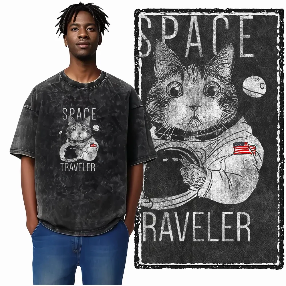 COOLMIND DB Cat Graphic Acid Washed Cotton T-Shirt | Unisex Streetwear Tee for Men & Women | Big Size Casual Summer Top showcase 5