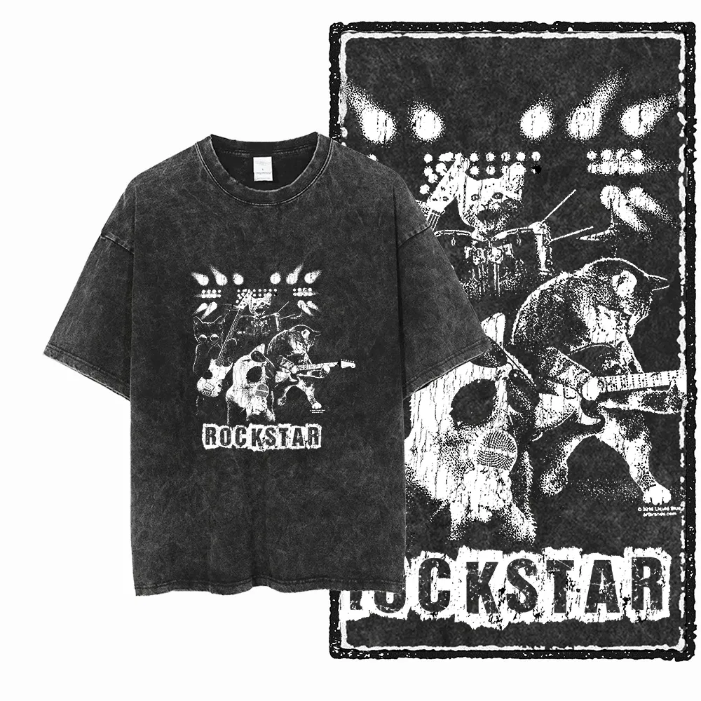 COOLMIND DB Cat Graphic Acid Washed Cotton T-Shirt | Unisex Streetwear Tee for Men & Women | Big Size Casual Summer Top thumbnail 5