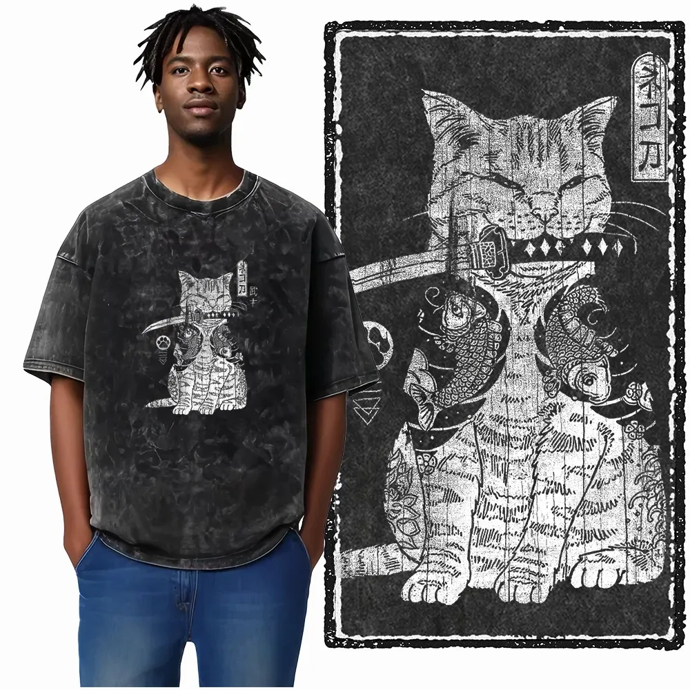 COOLMIND DB Cat Graphic Acid Washed Cotton T-Shirt | Unisex Streetwear Tee for Men & Women | Big Size Casual Summer Top showcase 4