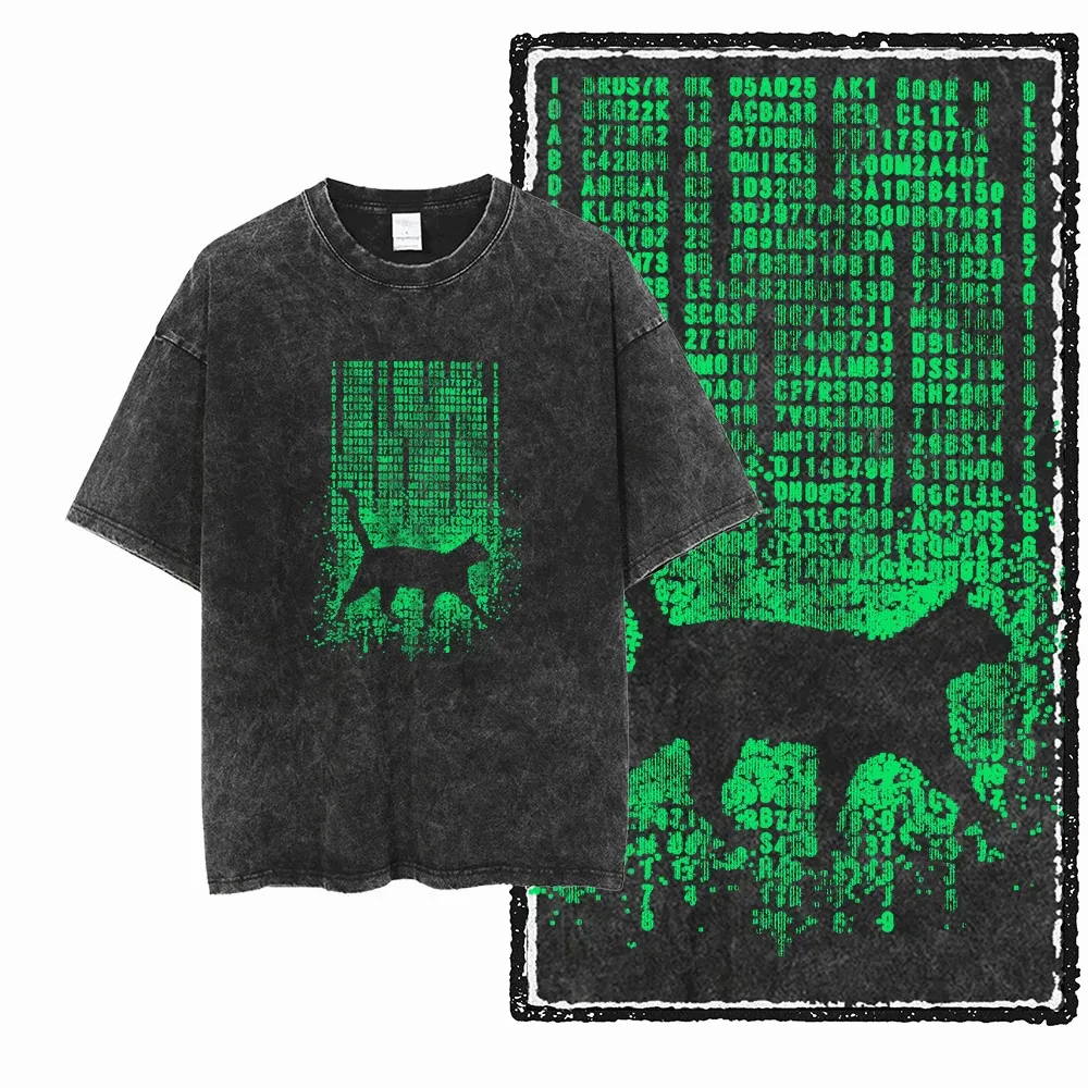 COOLMIND DB Cat Graphic Acid Washed Cotton T-Shirt | Unisex Streetwear Tee for Men & Women | Big Size Casual Summer Top thumbnail 6