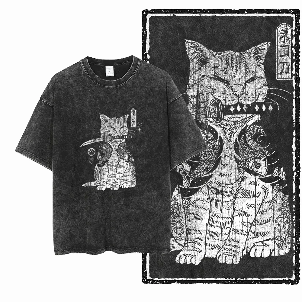 COOLMIND DB Cat Graphic Acid Washed Cotton T-Shirt | Unisex Streetwear Tee for Men & Women | Big Size Casual Summer Top thumbnail 2