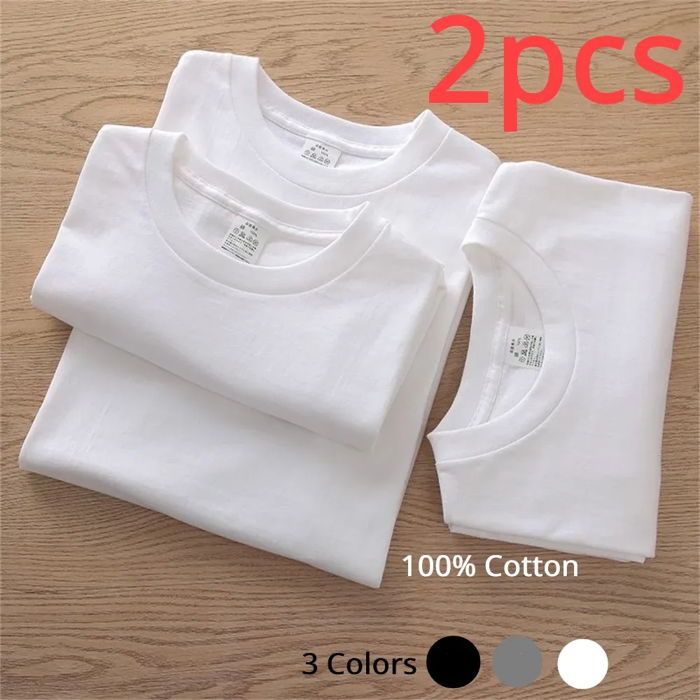 2PCS 100% Cotton Solid White T-Shirts for Men & Women, Casual Breathable Loose Fit Round Neck Short Sleeve Couple Tops thumbnail 1