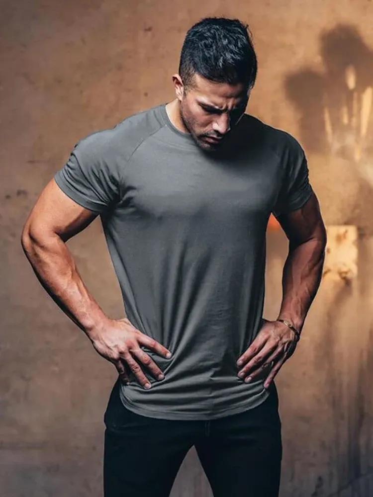 Men's Casual Short Sleeve T-Shirt, Slim Fit Gym Fitness Muscle Tee, Breathable Cotton Blend for Summer Workouts and Everyday Wear