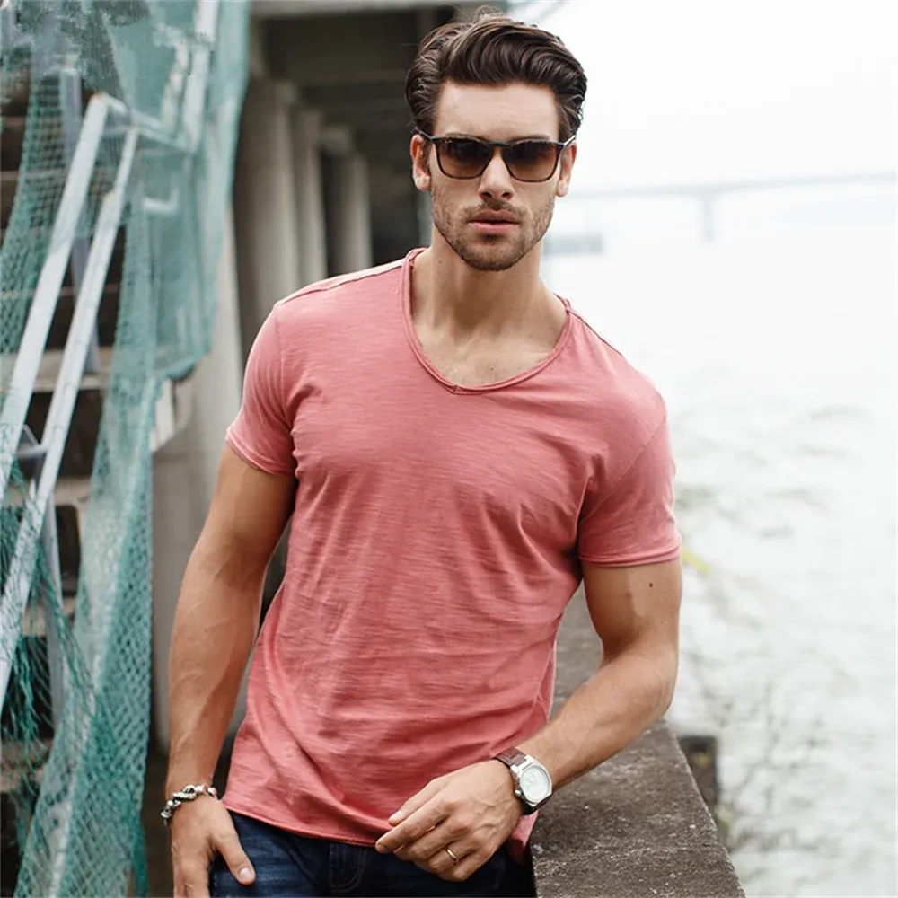 AIOPESON Men's 100% Cotton V-Neck T-Shirt - Fashion Slim Fit Solid Short Sleeve Tees for Casual Wear thumbnail 4
