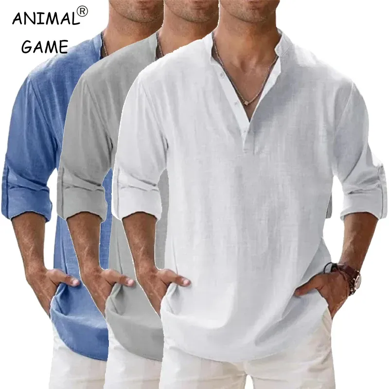 Men's Lightweight Long Sleeve Henley Shirt - Breathable Cotton Linen Beach Hawaiian Style Casual T-Shirt for Summer thumbnail 1