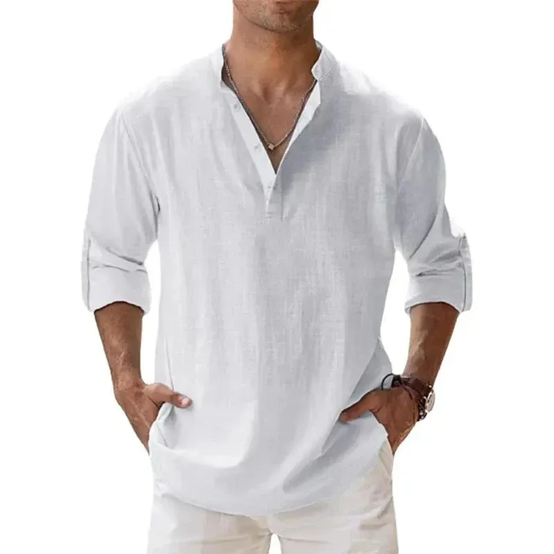 Men's Lightweight Long Sleeve Henley Shirt - Breathable Cotton Linen Beach Hawaiian Style Casual T-Shirt for Summer thumbnail 2