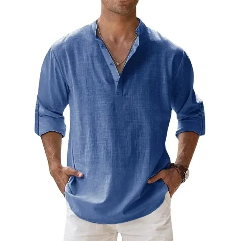 Men's Lightweight Long Sleeve Henley Shirt - Breathable Cotton Linen Beach Hawaiian Style Casual T-Shirt for Summer showcase 9