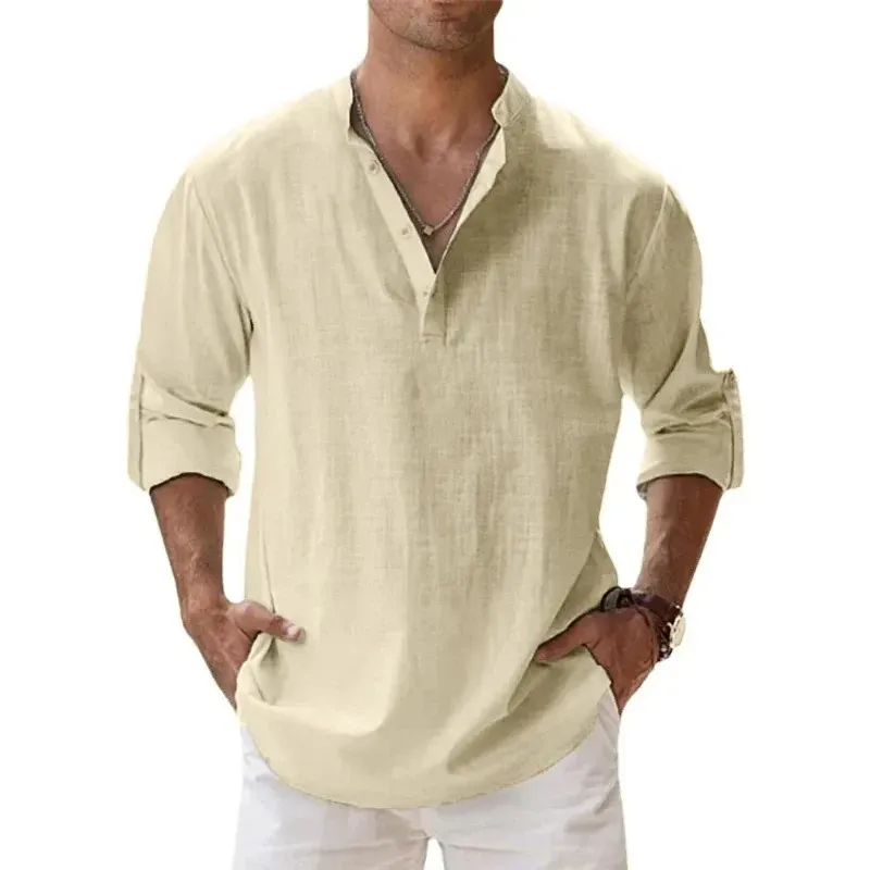 Men's Lightweight Long Sleeve Henley Shirt - Breathable Cotton Linen Beach Hawaiian Style Casual T-Shirt for Summer showcase 6