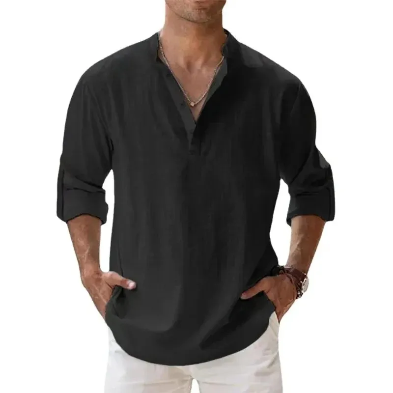 Men's Lightweight Long Sleeve Henley Shirt - Breathable Cotton Linen Beach Hawaiian Style Casual T-Shirt for Summer showcase 2