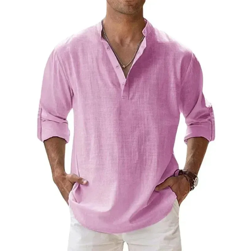 Men's Lightweight Long Sleeve Henley Shirt - Breathable Cotton Linen Beach Hawaiian Style Casual T-Shirt for Summer showcase 8
