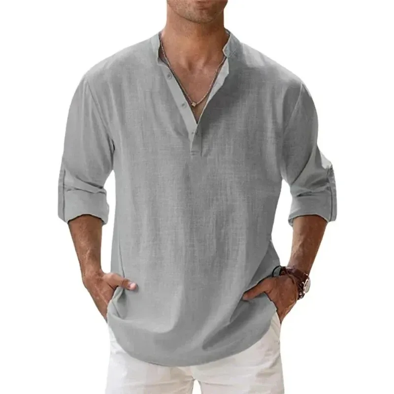 Men's Lightweight Long Sleeve Henley Shirt - Breathable Cotton Linen Beach Hawaiian Style Casual T-Shirt for Summer showcase 4