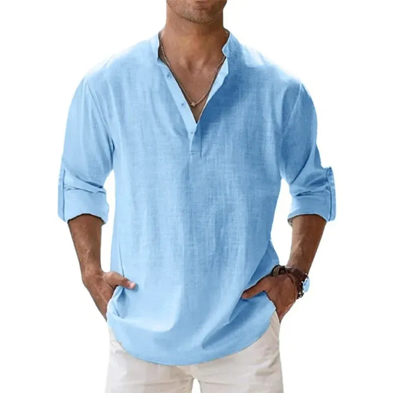 Men's Lightweight Long Sleeve Henley Shirt - Breathable Cotton Linen Beach Hawaiian Style Casual T-Shirt for Summer showcase 7