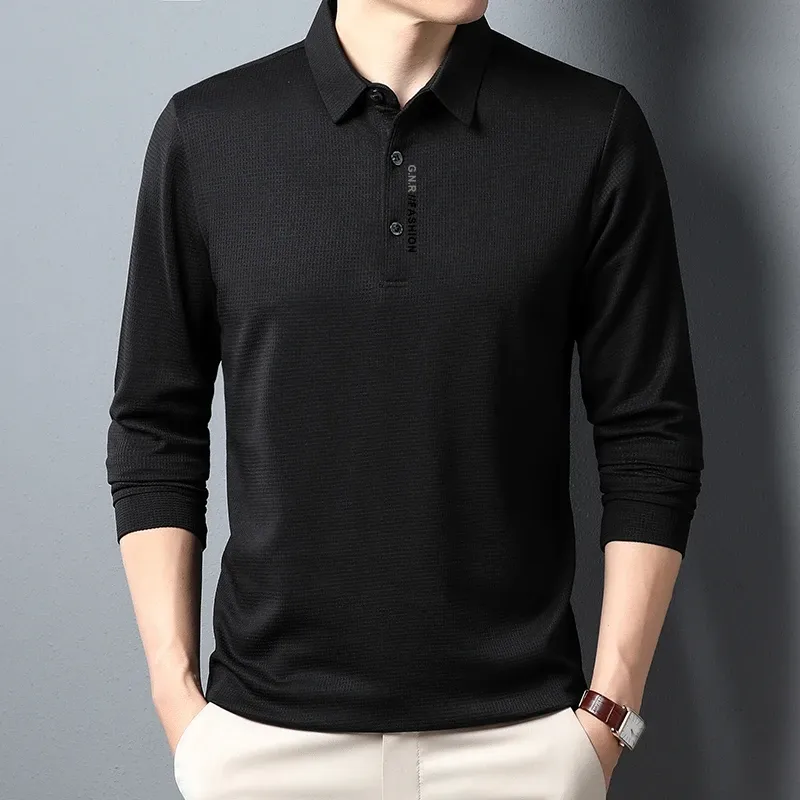 Men's Waffle Knit Long Sleeve Polo Shirt with Letter Print Lapel - Casual & Stylish Top for Everyday Wear showcase 10