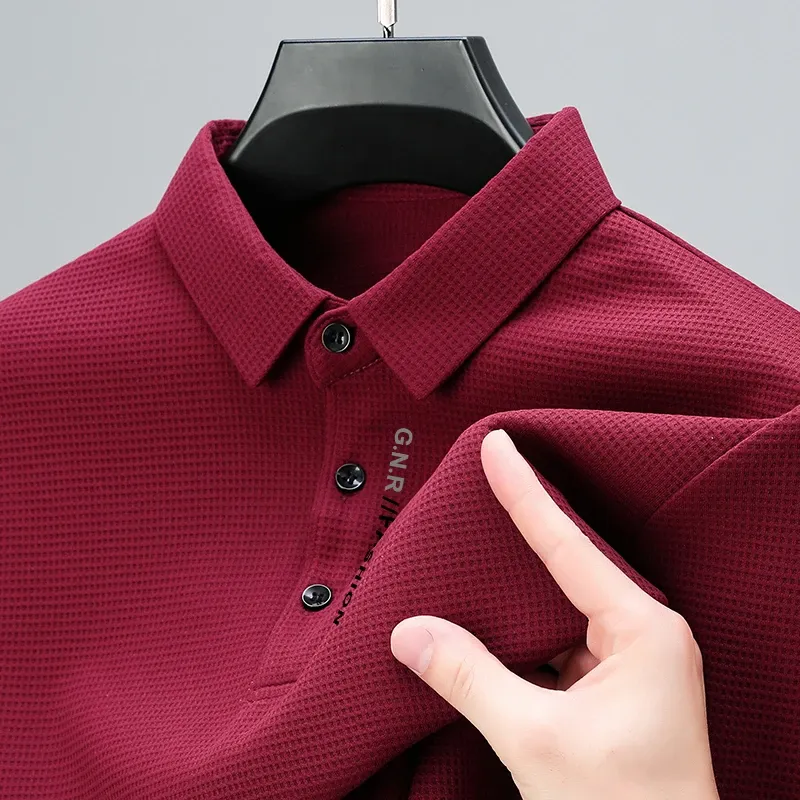 Men's Waffle Knit Long Sleeve Polo Shirt with Letter Print Lapel - Casual & Stylish Top for Everyday Wear showcase 6