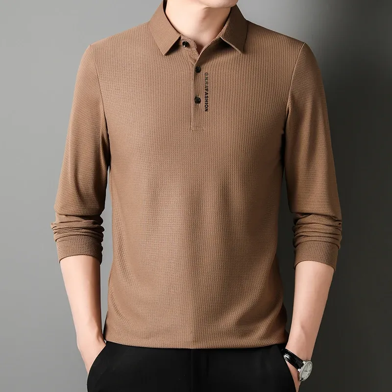 Men's Waffle Knit Long Sleeve Polo Shirt with Letter Print Lapel - Casual & Stylish Top for Everyday Wear showcase 13
