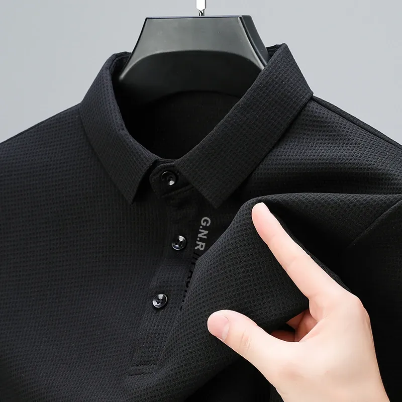 Men's Waffle Knit Long Sleeve Polo Shirt with Letter Print Lapel - Casual & Stylish Top for Everyday Wear showcase 4