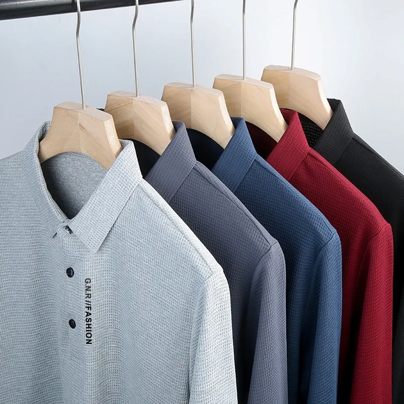 Men's Waffle Knit Long Sleeve Polo Shirt with Letter Print Lapel - Casual & Stylish Top for Everyday Wear showcase 16