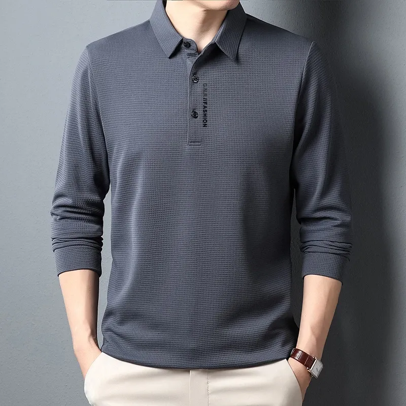 Men's Waffle Knit Long Sleeve Polo Shirt with Letter Print Lapel - Casual & Stylish Top for Everyday Wear showcase 14