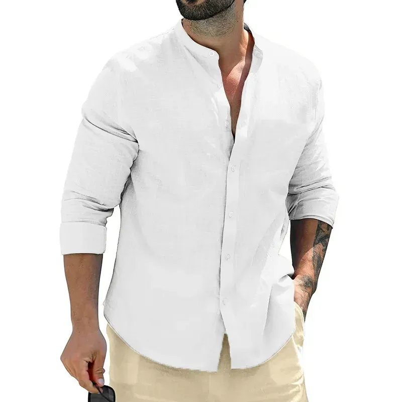 Men's Long Sleeve Cotton Business Casual Shirt - Breathable Solid Color Streetwear Button-Down T-Shirt for Daily Wear showcase 3
