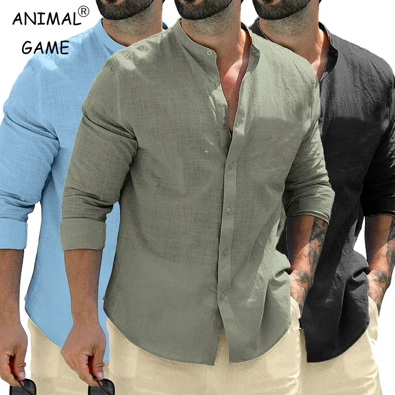 Men's Long Sleeve Cotton Business Casual Shirt - Breathable Solid Color Streetwear Button-Down T-Shirt for Daily Wear thumbnail 1
