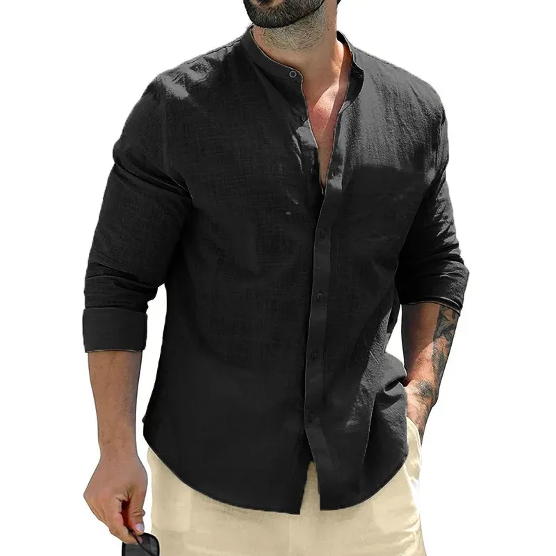 Men's Long Sleeve Cotton Business Casual Shirt - Breathable Solid Color Streetwear Button-Down T-Shirt for Daily Wear showcase 4