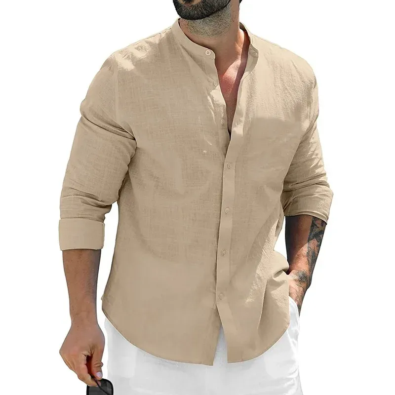 Men's Long Sleeve Cotton Business Casual Shirt - Breathable Solid Color Streetwear Button-Down T-Shirt for Daily Wear showcase 7