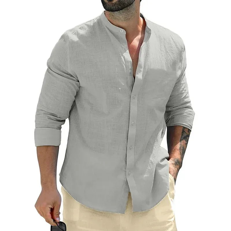 Men's Long Sleeve Cotton Business Casual Shirt - Breathable Solid Color Streetwear Button-Down T-Shirt for Daily Wear showcase 6