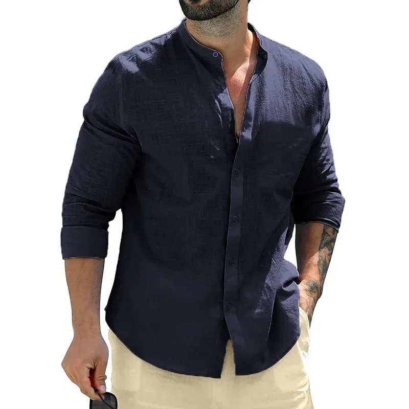 Men's Long Sleeve Cotton Business Casual Shirt - Breathable Solid Color Streetwear Button-Down T-Shirt for Daily Wear showcase 9