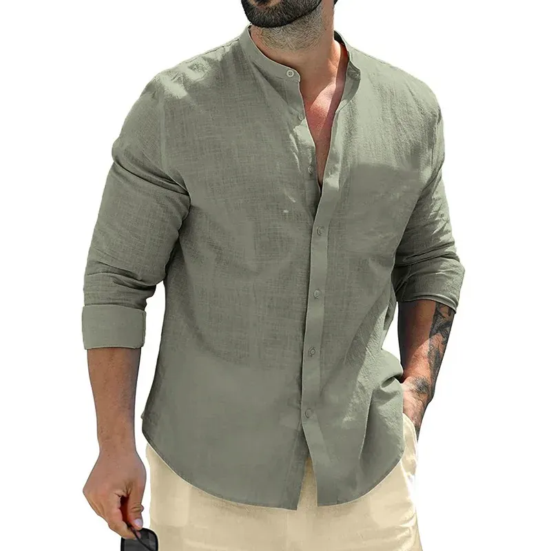 Men's Long Sleeve Cotton Business Casual Shirt - Breathable Solid Color Streetwear Button-Down T-Shirt for Daily Wear thumbnail 3