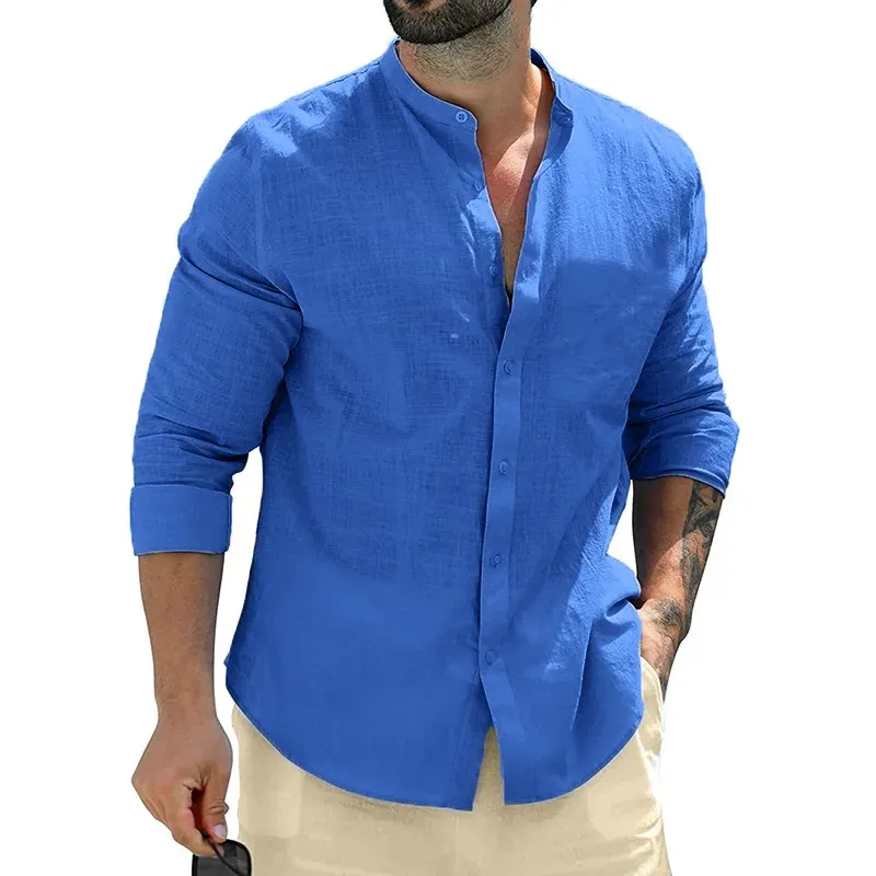 Men's Long Sleeve Cotton Business Casual Shirt - Breathable Solid Color Streetwear Button-Down T-Shirt for Daily Wear showcase 5