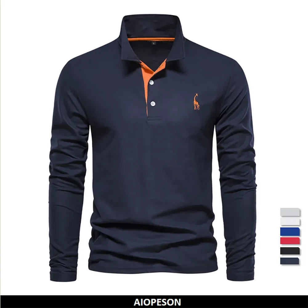 AIOPESON Men's Deer Embroidery Polo Shirt 2023 New Solid Color Long Sleeve Casual Business Social Wear thumbnail 1