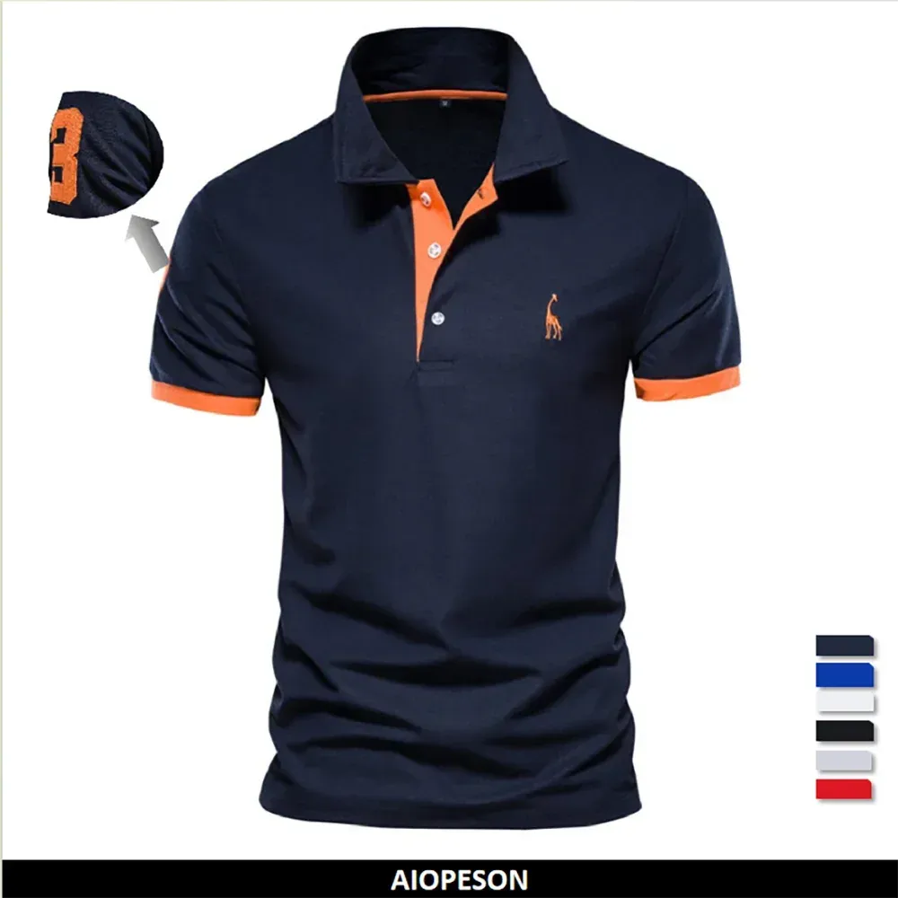 Men's Short Sleeve Polo Shirt with Giraffe Embroidery - Premium Cotton Blend, Anti-Shrink, Casual Business Social Wear thumbnail 1
