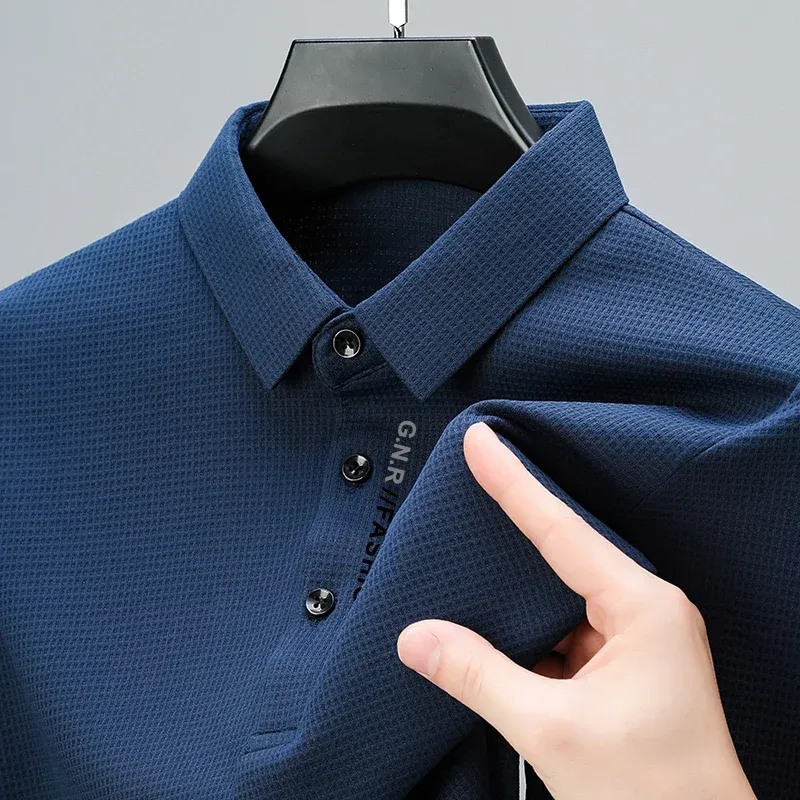 Men's Waffle Knit Long Sleeve Polo Shirt with Letter Print Lapel - Casual & Stylish Top for Everyday Wear thumbnail 1