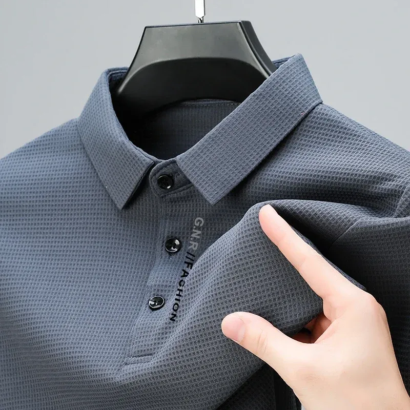 Men's Waffle Knit Long Sleeve Polo Shirt with Letter Print Lapel - Casual & Stylish Top for Everyday Wear thumbnail 2