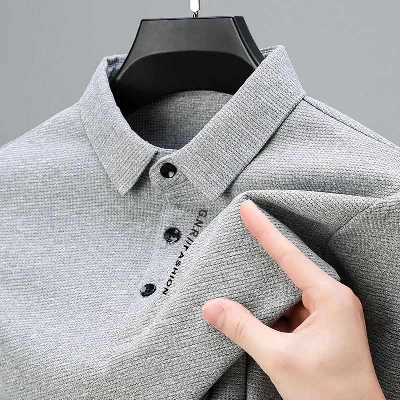 Men's Waffle Knit Long Sleeve Polo Shirt with Letter Print Lapel - Casual & Stylish Top for Everyday Wear thumbnail 6