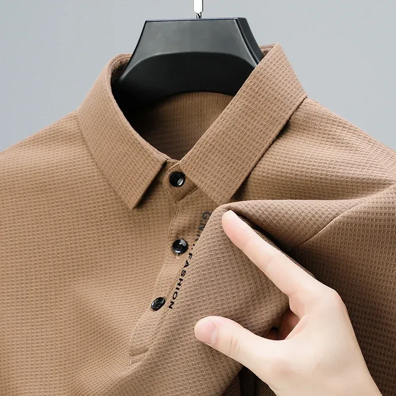 Men's Waffle Knit Long Sleeve Polo Shirt with Letter Print Lapel - Casual & Stylish Top for Everyday Wear thumbnail 3