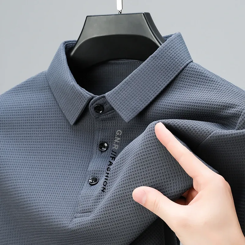 Men's Waffle Knit Long Sleeve Polo Shirt with Letter Print Lapel - Casual & Stylish Top for Everyday Wear showcase 3
