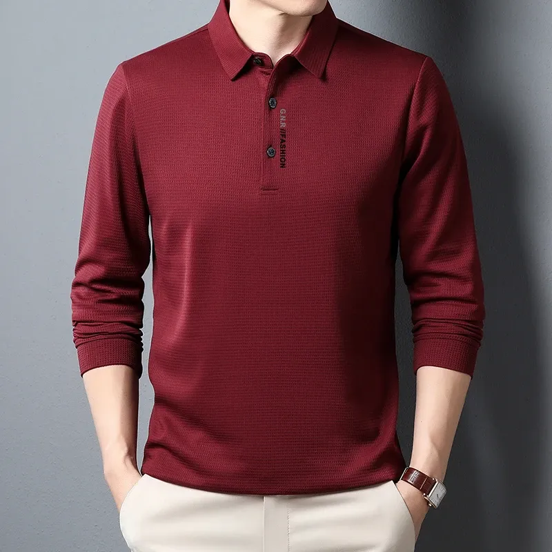 Men's Waffle Knit Long Sleeve Polo Shirt with Letter Print Lapel - Casual & Stylish Top for Everyday Wear showcase 11