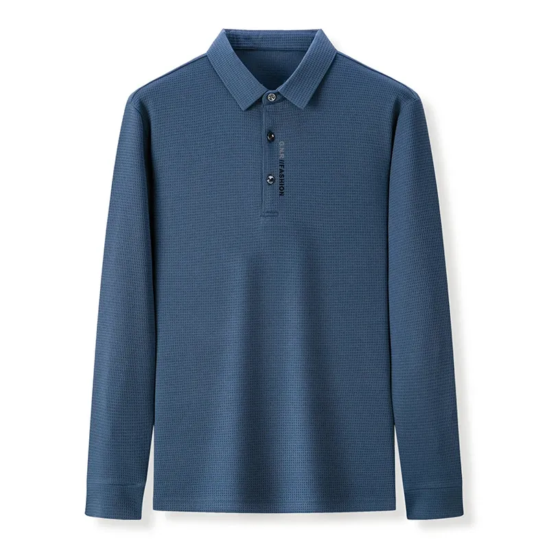 Men's Waffle Knit Long Sleeve Polo Shirt with Letter Print Lapel - Casual & Stylish Top for Everyday Wear showcase 15