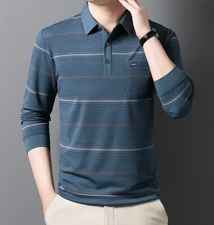 Men's Striped Polo T-Shirt Business Casual Vintage Style Elegant Pullover Sweatshirt for Formal & Everyday Wear showcase 6
