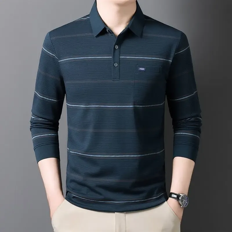 Men's Striped Polo T-Shirt Business Casual Vintage Style Elegant Pullover Sweatshirt for Formal & Everyday Wear thumbnail 2