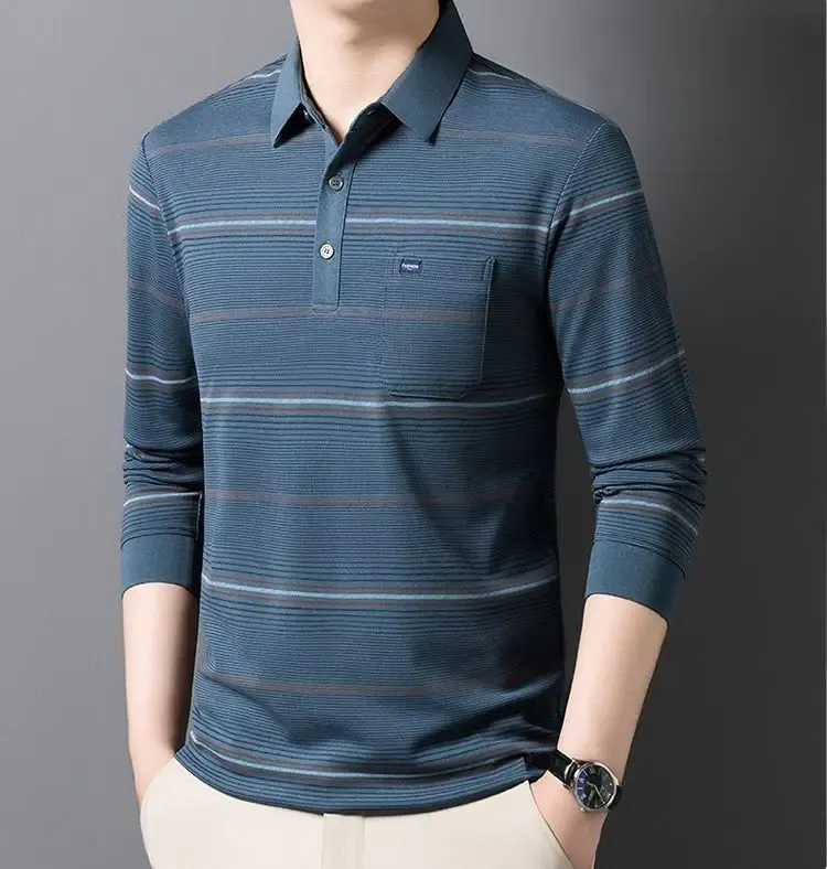 Men's Striped Polo T-Shirt Business Casual Vintage Style Elegant Pullover Sweatshirt for Formal & Everyday Wear showcase 4