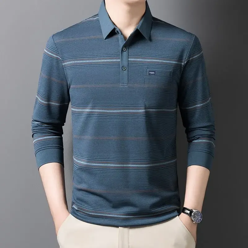 Men's Striped Polo T-Shirt Business Casual Vintage Style Elegant Pullover Sweatshirt for Formal & Everyday Wear thumbnail 1