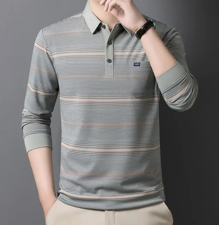 Men's Striped Polo T-Shirt Business Casual Vintage Style Elegant Pullover Sweatshirt for Formal & Everyday Wear showcase 11