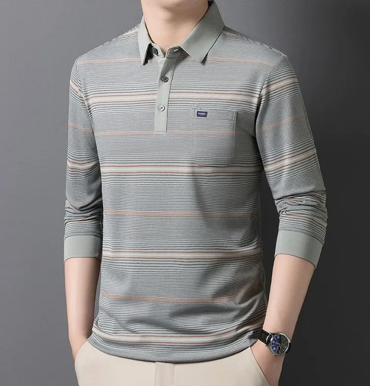 Men's Striped Polo T-Shirt Business Casual Vintage Style Elegant Pullover Sweatshirt for Formal & Everyday Wear showcase 9