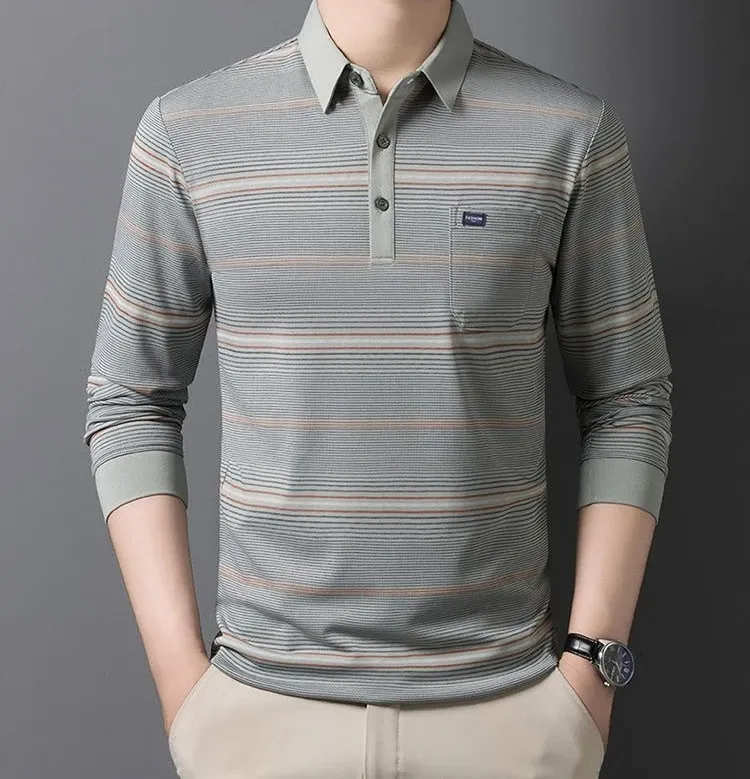 Men's Striped Polo T-Shirt Business Casual Vintage Style Elegant Pullover Sweatshirt for Formal & Everyday Wear showcase 8