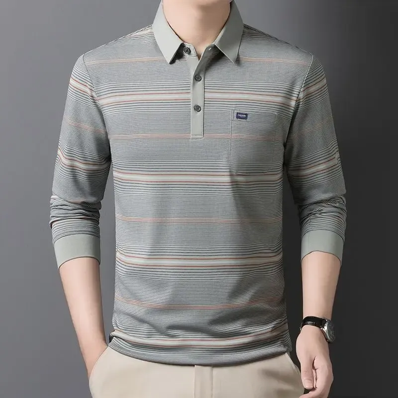 Men's Striped Polo T-Shirt Business Casual Vintage Style Elegant Pullover Sweatshirt for Formal & Everyday Wear thumbnail 3