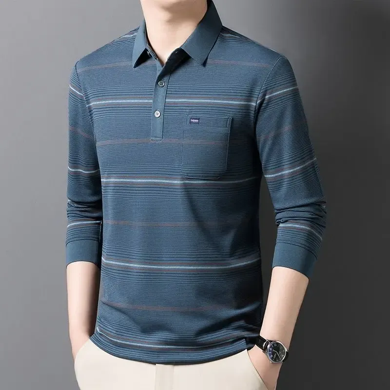 Men's Striped Polo T-Shirt Business Casual Vintage Style Elegant Pullover Sweatshirt for Formal & Everyday Wear thumbnail 4