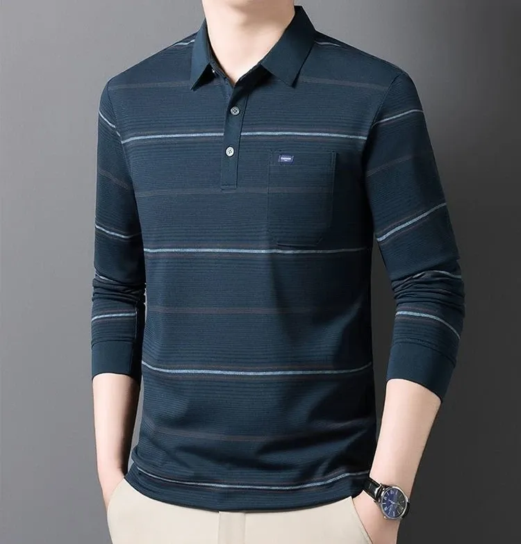 Men's Striped Polo T-Shirt Business Casual Vintage Style Elegant Pullover Sweatshirt for Formal & Everyday Wear showcase 13